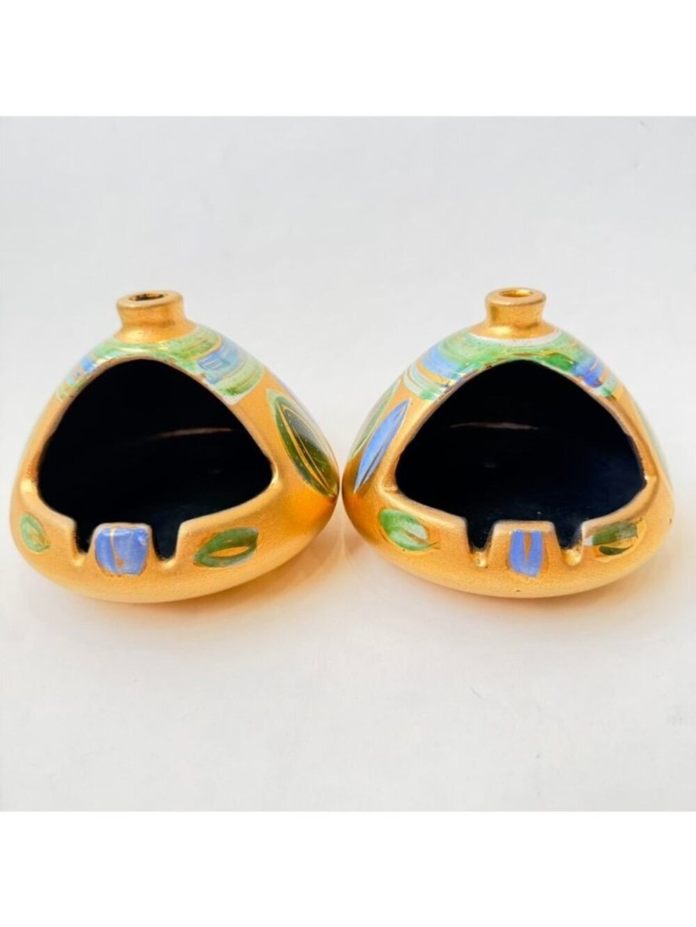 Sascha Brastoff H-3 Gold Ceramic Ashtray Set Mid Century Modern Art Pair